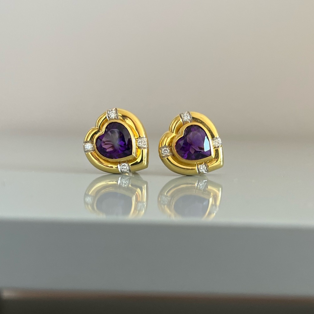 18K Gold Amethyst and Diamond Heart Earrings